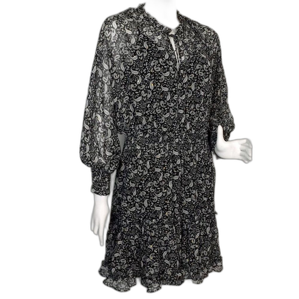 new LOVESTITCH Dress, L, Black/White Paisley, Smocked Waist/Cuffs, Attached Slip - Picture 3 of 15